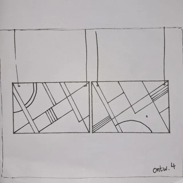 Potloodschets van twee glaspanelen met geometrische vlakken